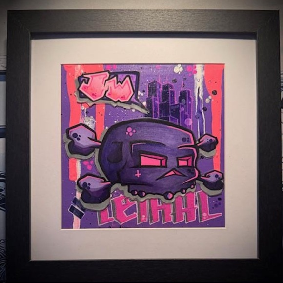 Original Art - Lethal Lavender - Graffiti Style Skull Art on Canvas Board Framed - Picture 1 of 4